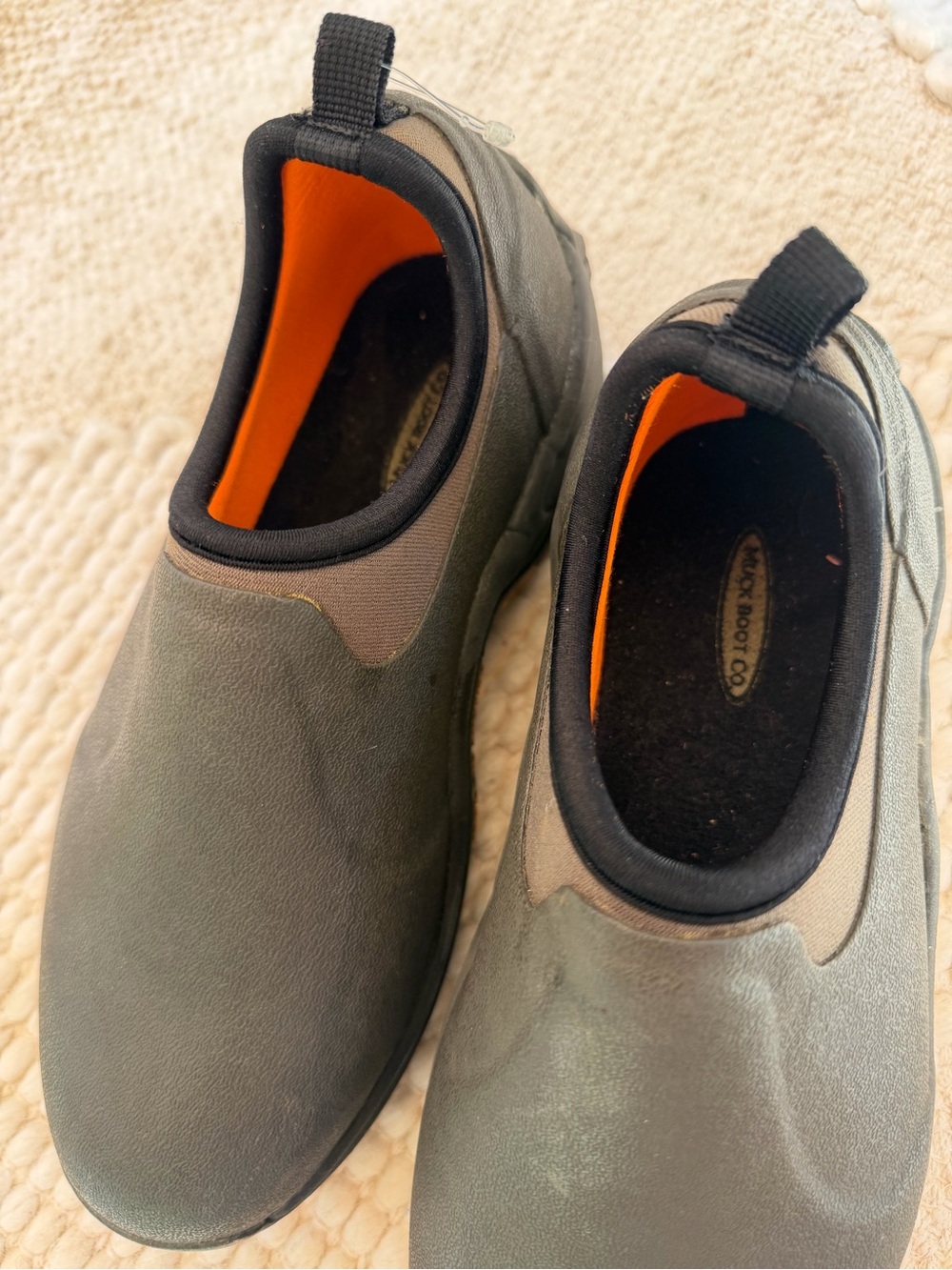 Slip-On Waterproof Winter Rain Boots in Olive with Orange Lining